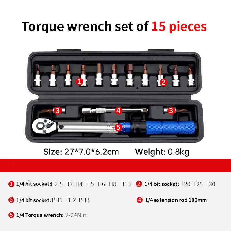 Jogo de 15 chaves de torque para bicicleta, catraca ajustável de alta precisão com torque predefinido de 2 a 24 Nm e encaixe de 1/4".