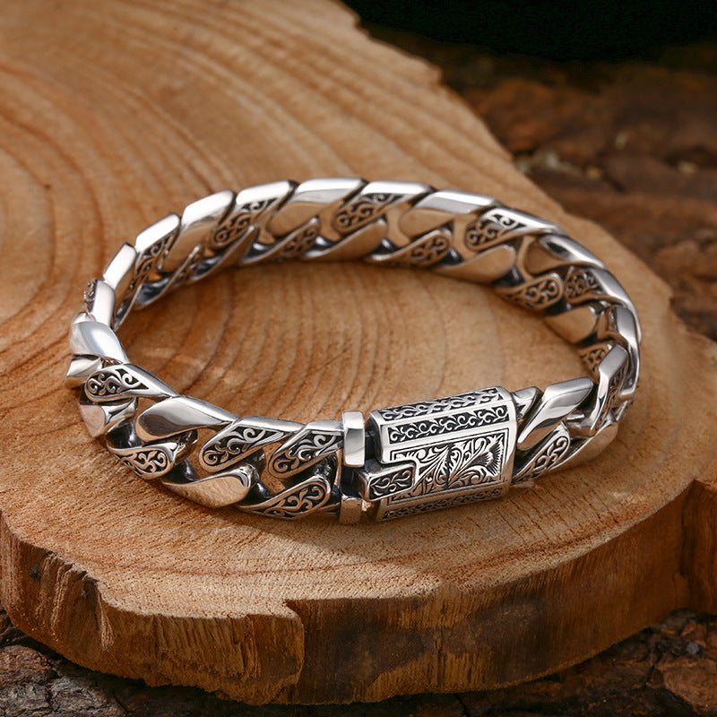 Pulseira masculina em prata 925 com padrão de elos cubanos, estilo vintage, em prata tailandesa oxidada.