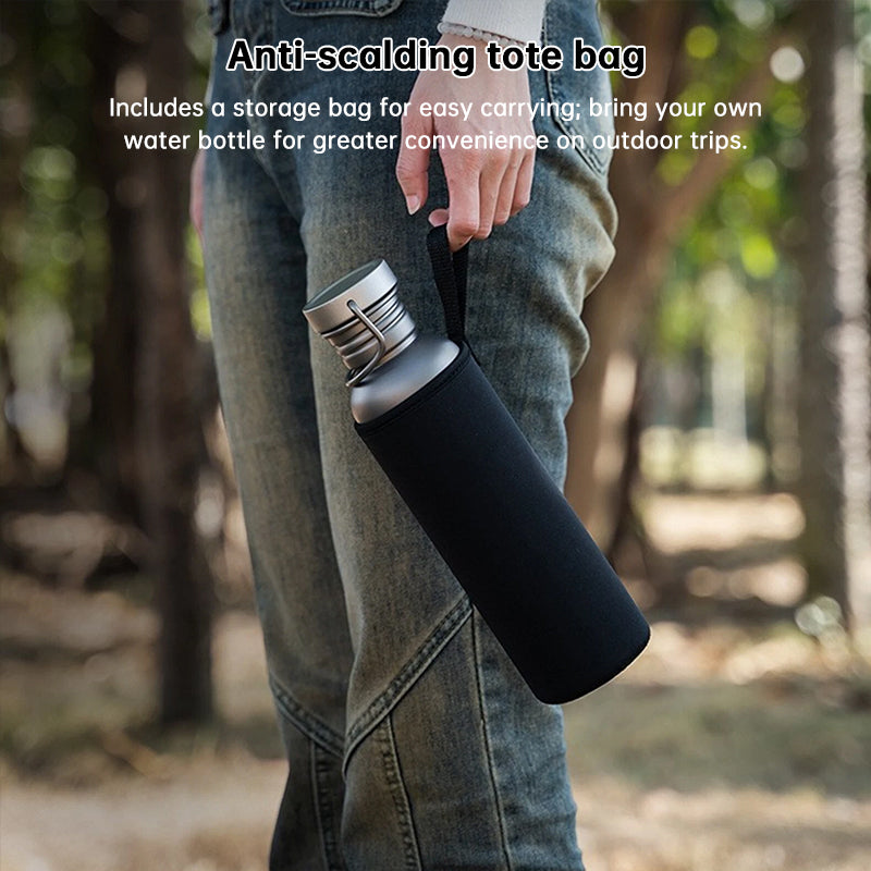 Garrafa de água de titânio puro, leve, com parede simples e boca larga, ideal para esportes, camping e viagens.