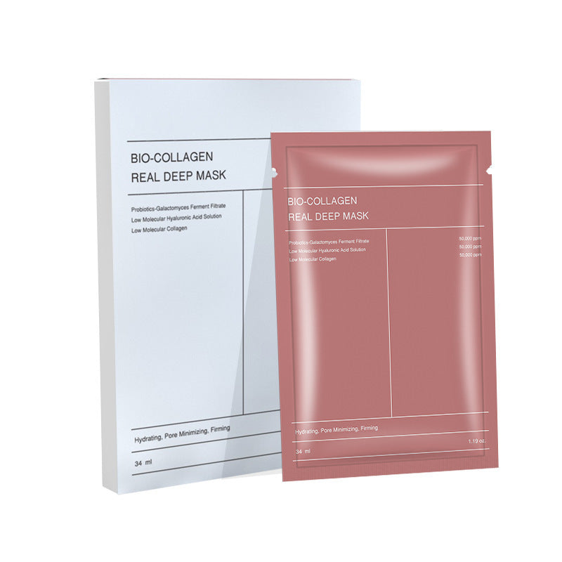 Máscara facial de tecido com bio-colágeno, com efeito de colágeno que varia do branco ao transparente.