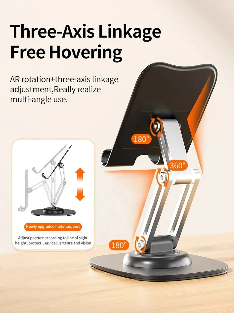 Suporte multifuncional dobrável e giratório 360° para celular, tablet e mesa.