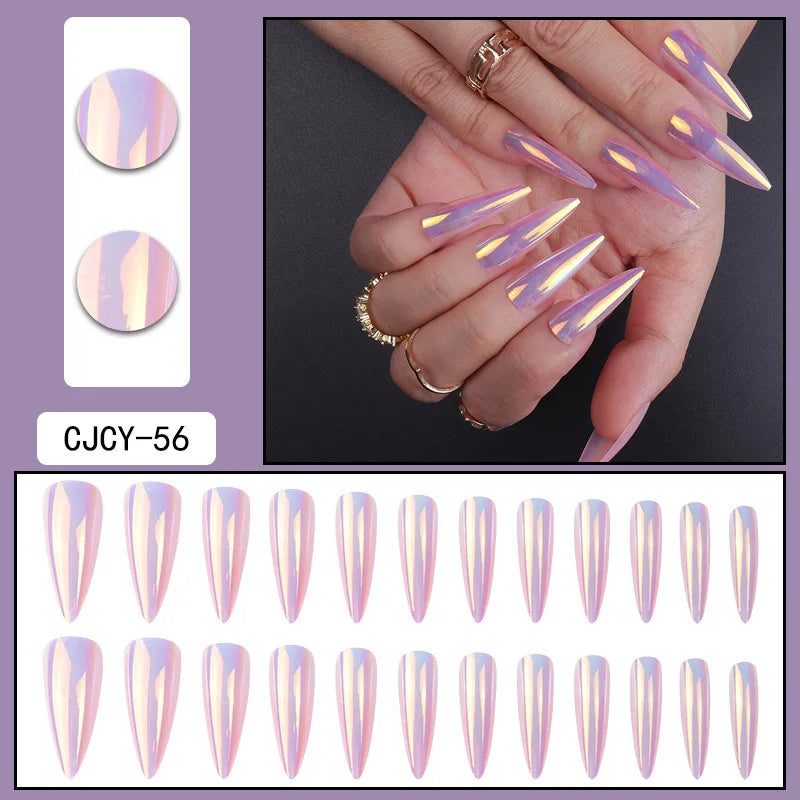 24 unhas finas em ABS para unhas compridas, 1 gel de gelatina, 1 lixa para unhas coloridas casuais para uso diário.