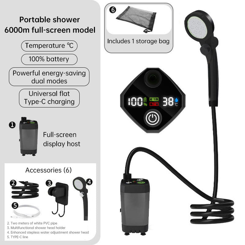 Kit de chuveiro portátil para uso externo, bomba de água recarregável de 6000mAh com visor para camping e banho de animais de estimação.