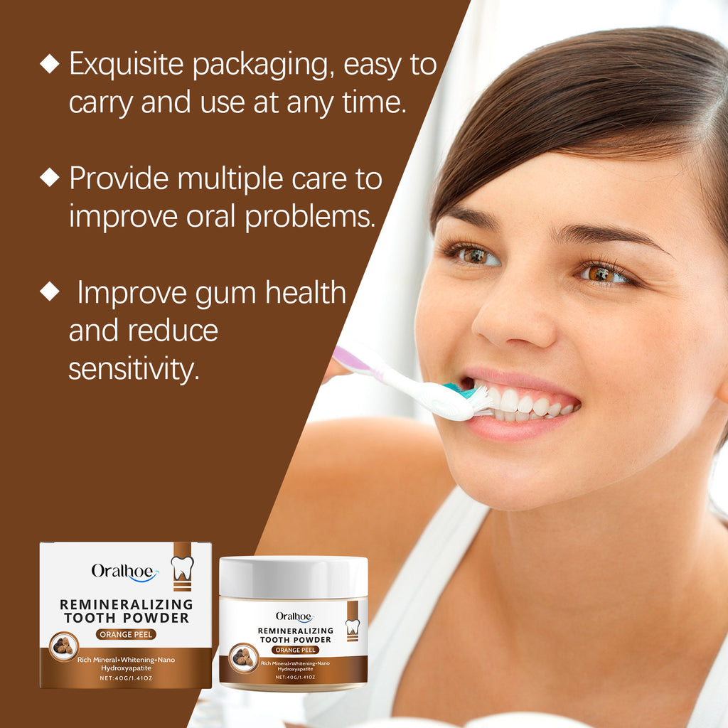 Pó dental Oralhoe Tangerine Peel: limpeza suave, remove manchas, hálito fresco, cuidado bucal e para um sorriso saudável.