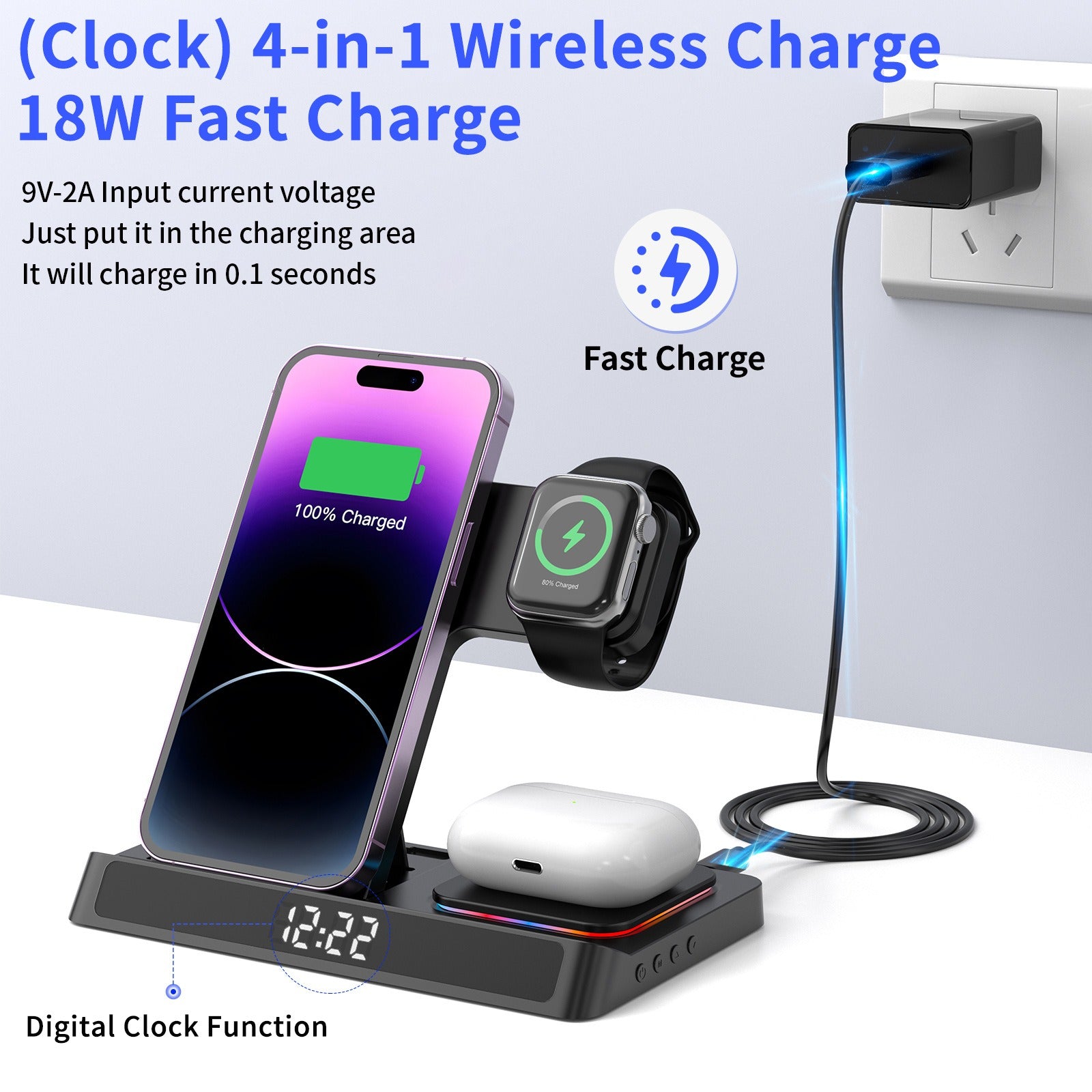 Base de carregamento sem fio quatro em um dobrável, compatível com carregamento sem fio de iPhones e Apple Watches de 14 polegadas.