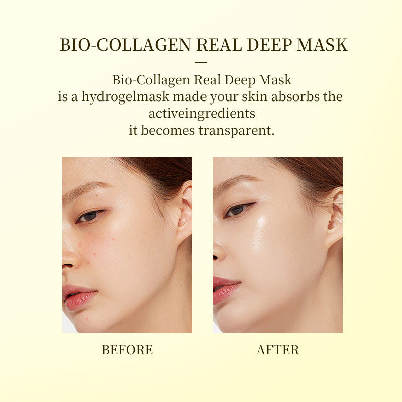 Máscara facial de tecido com bio-colágeno, com efeito de colágeno que varia do branco ao transparente.
