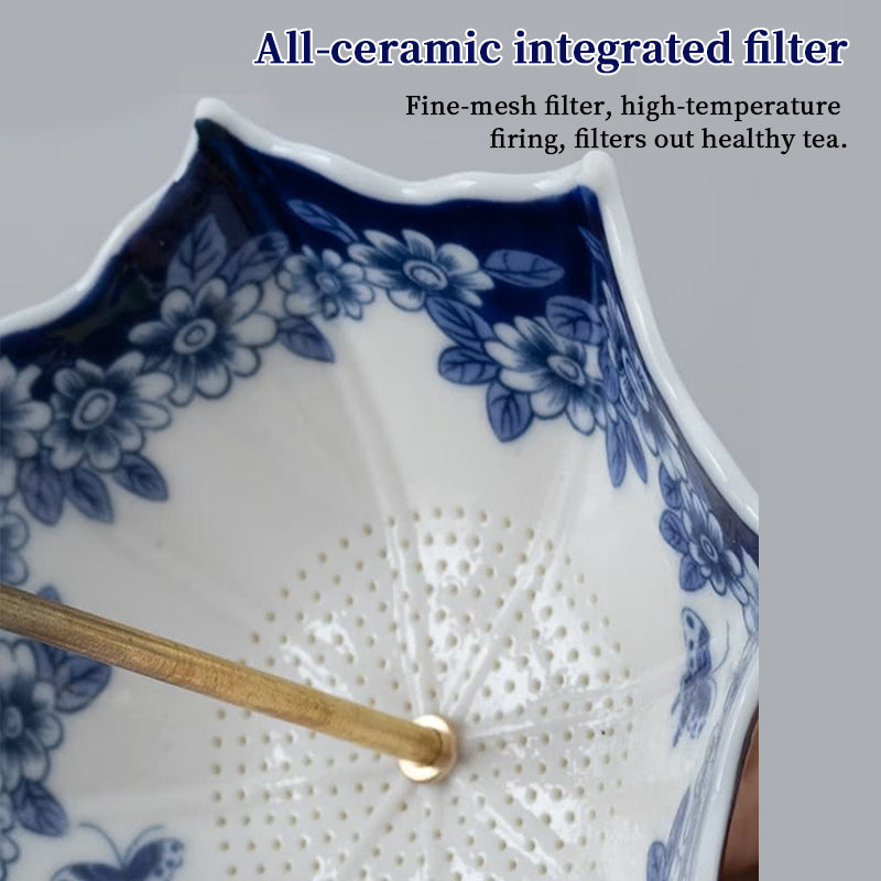 Infusor de chá em porcelana azul e branca em formato de guarda-chuva com borla – Filtro de chá de cerâmica estilo chinês