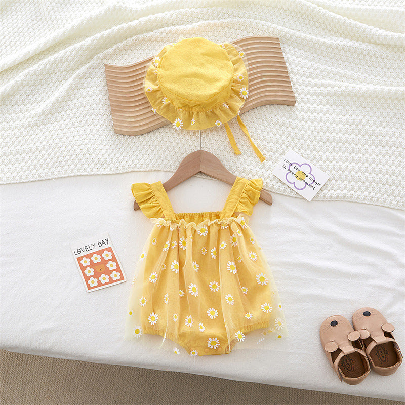 Body infantil fofo sem mangas, modelo halter triangular, para bebê menina, com estampa de crisântemo, estilo princesa.