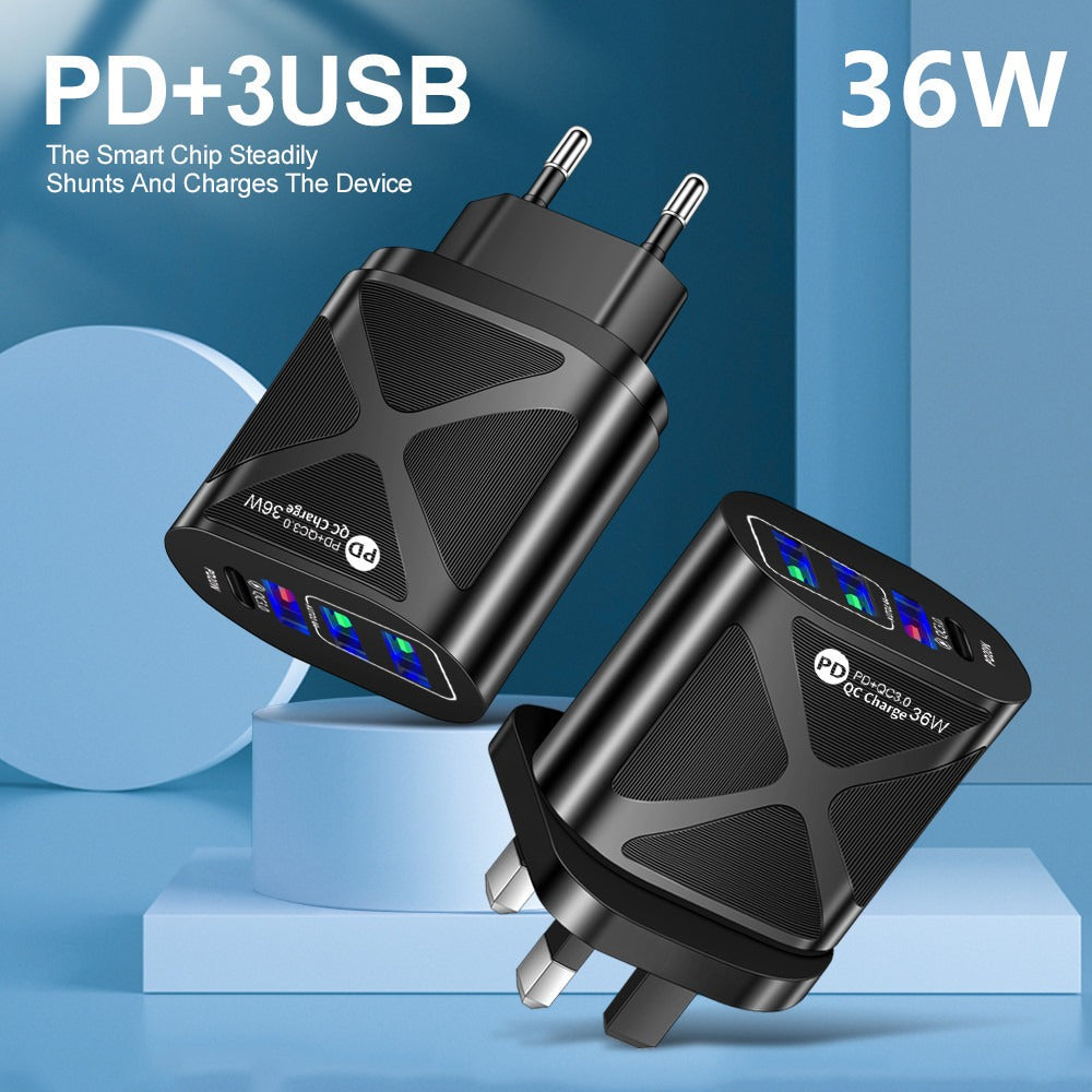 Carregador de celular com carregamento rápido USB duplo de 36 W PD+QC3.0 2.4 A