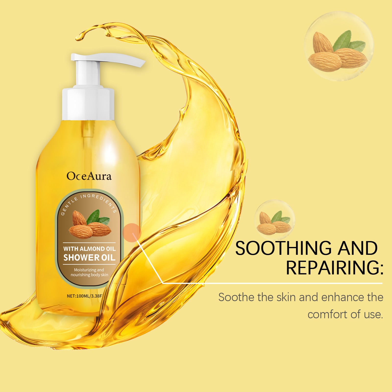 O óleo de banho de coco OceAura limpa suavemente a pele do corpo, hidratando, suavizando e nutrindo-a.