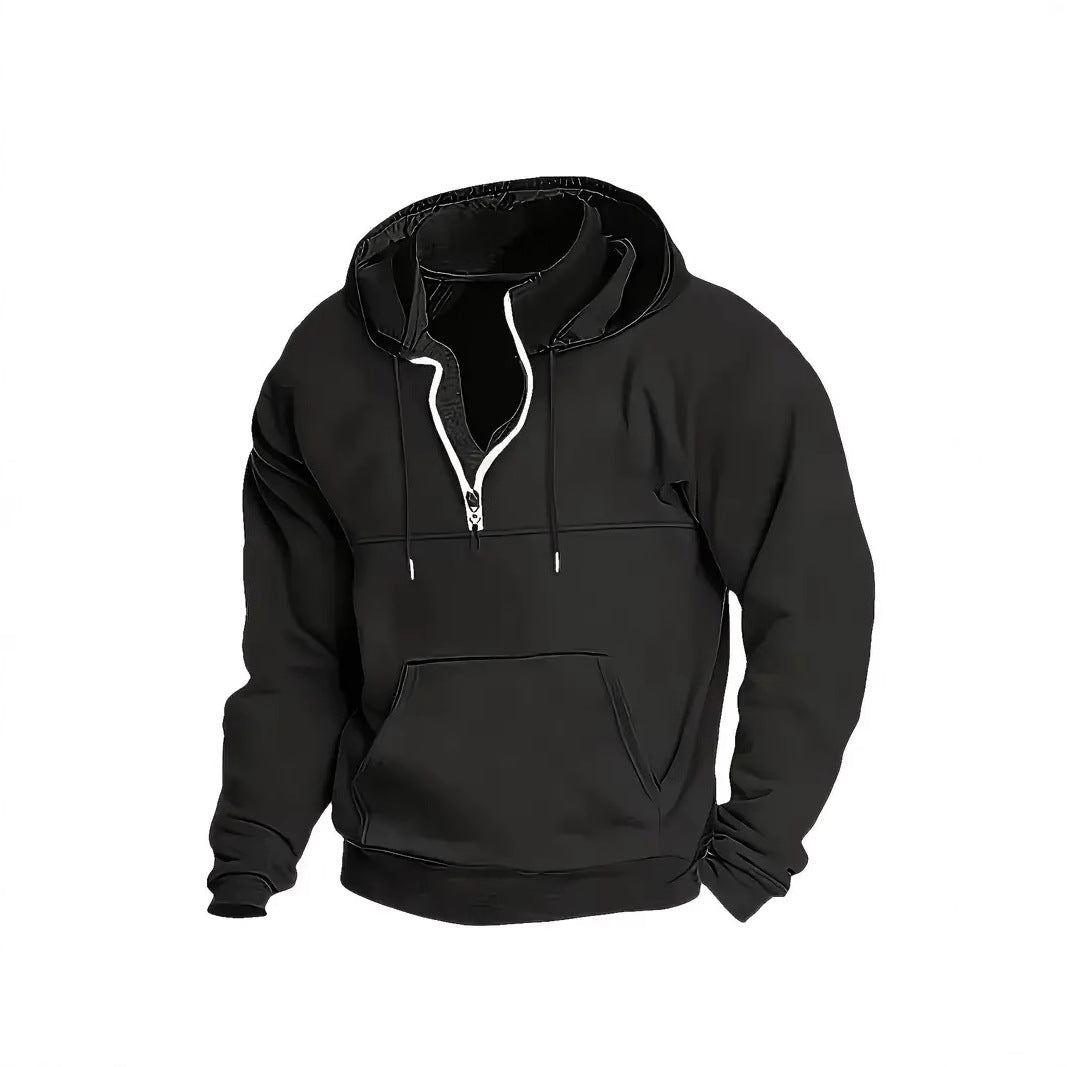 Moletom com capuz casual esportivo de cor sólida com meio zíper e modelo casual.