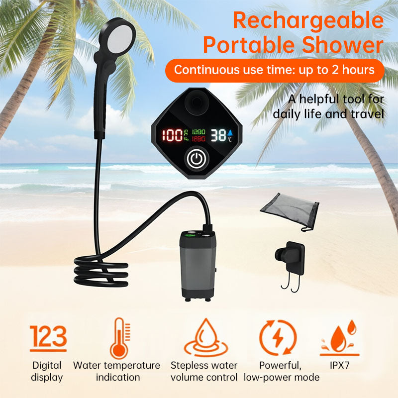 Kit de chuveiro portátil para uso externo, bomba de água recarregável de 6000mAh com visor para camping e banho de animais de estimação.
