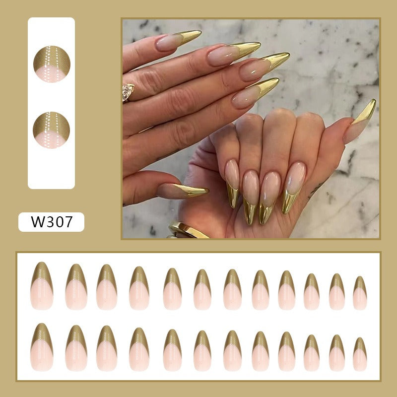 Unhas postiças francesas douradas peroladas em formato de amêndoa, peças especiais para unhas, atacado, acabamento moderno.