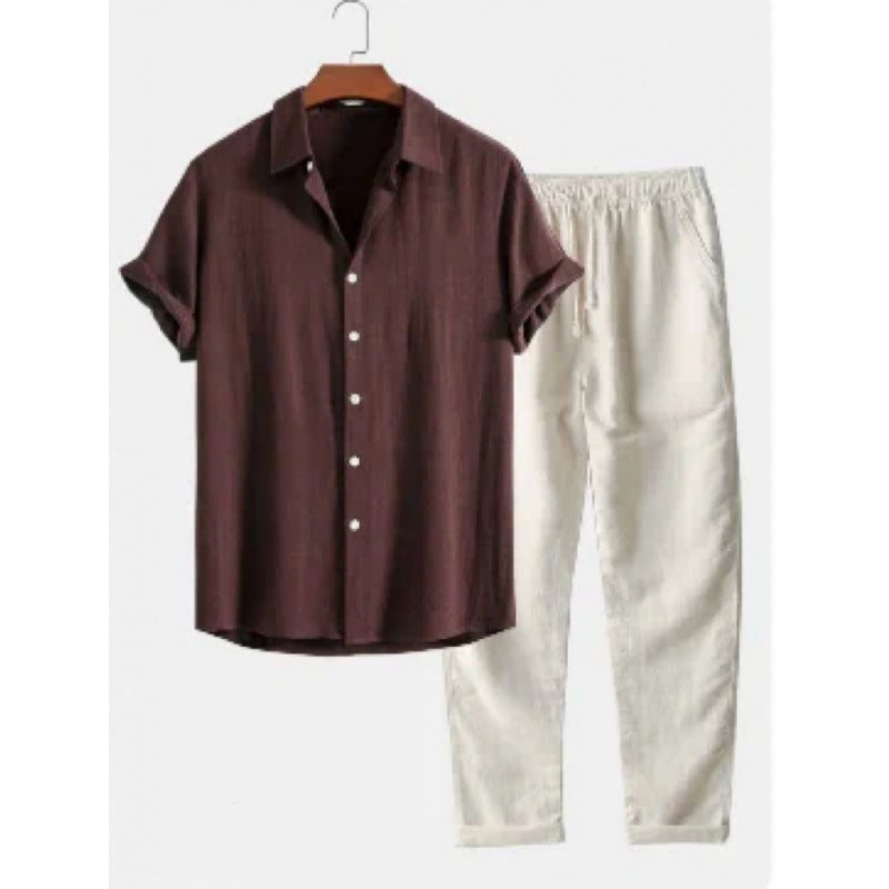 Conjunto de terno masculino slim fit em linho e algodão com gola alta