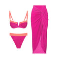 Elegante conjunto de bikini brillante con bloques de color para vacaciones en la playa, traje de baño estilo vestido para mujer.