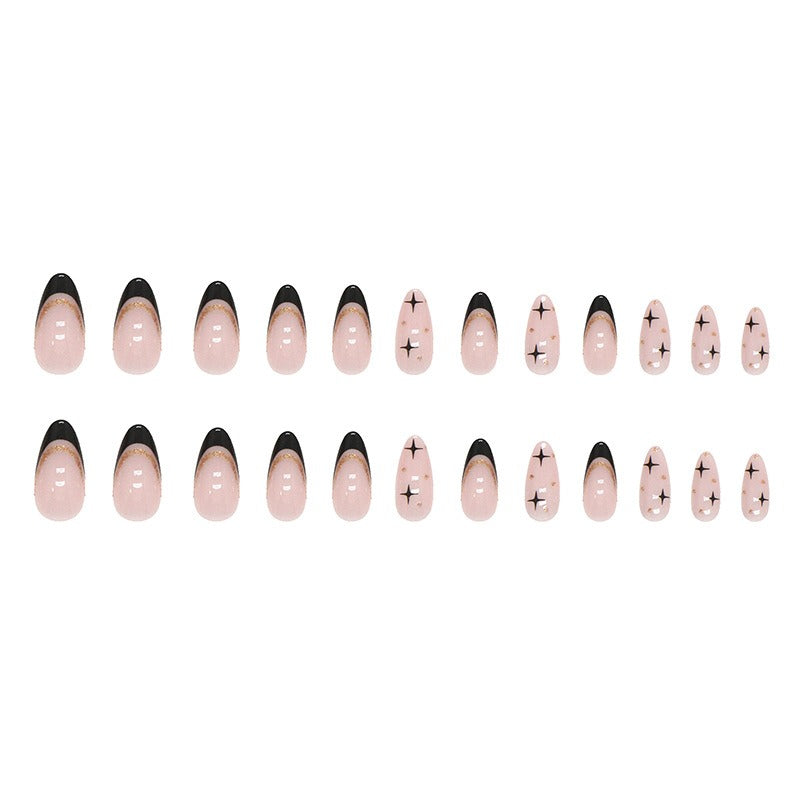 Unhas postiças francesas pretas, delicadas e modernas, com efeito amêndoa e pó dourado, estilo europeu e americano, removíveis.