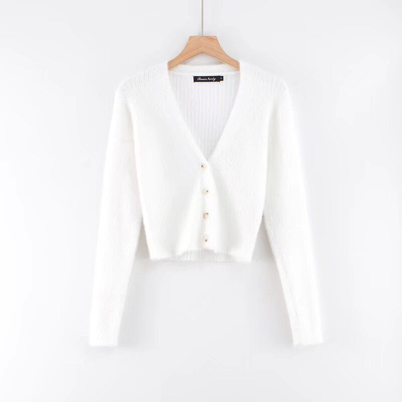 Cardigã feminino de manga comprida, manga longa, decote em V profundo e modelagem slim, disponível para atacado.