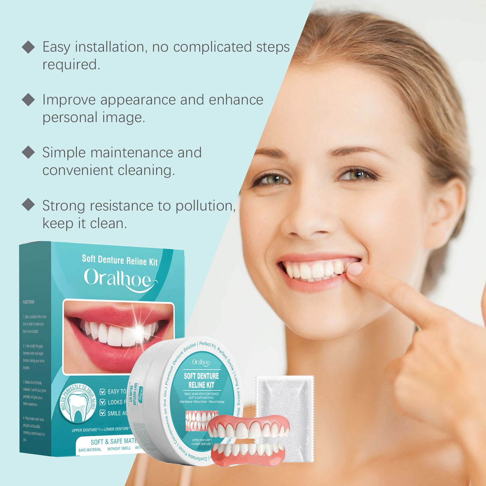 Kit para retoque de próteses dentárias, confortável e com acabamento impecável entre os dentes.