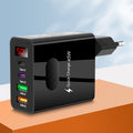 Carregador digital para celular com 2 portas USB-C e 2 portas USB-C, compatível com plugues padrão europeu, americano e britânico.