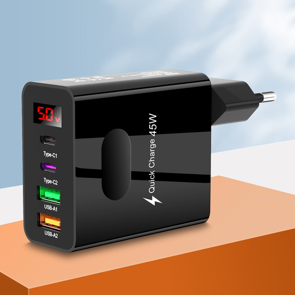 Carregador digital para celular com 2 portas USB-C e 2 portas USB-C, compatível com plugues padrão europeu, americano e britânico.
