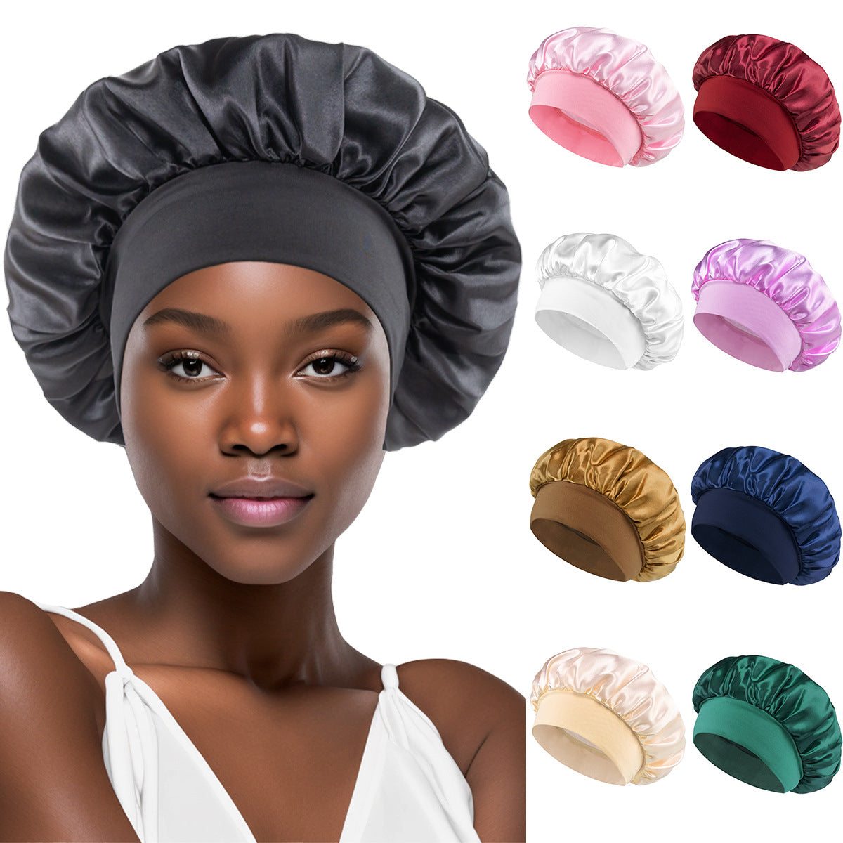Touca de Banho de Cor Sólida, Moda Adulta, Cetim, Aba Larga, para Dormir, Ideal para Mulheres Durante a Quimioterapia e Cuidados com os Cabelos.