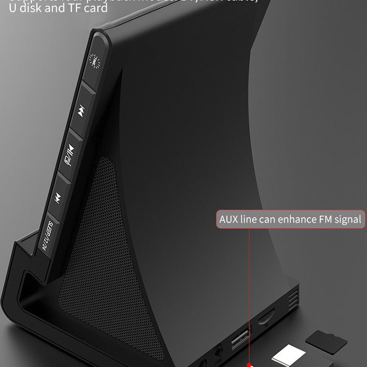 Carregador sem fio três em um, alto-falante Bluetooth, despertador com carregamento sem fio e suporte para celular.
