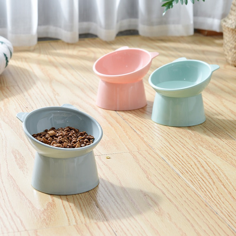 Tigela elevada para gatos com proteção contra inclinação do pescoço, tigela de plástico anti-tombamento para alimentação e água de animais de estimação.