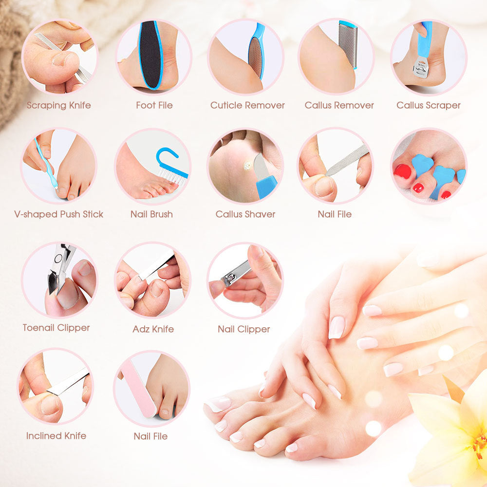 Conjunto de manicure e pedicure HISOME com 18 peças, incluindo placa para os pés, lixadeira para remover pele morta, cortador de unhas e removedor de calosidades.