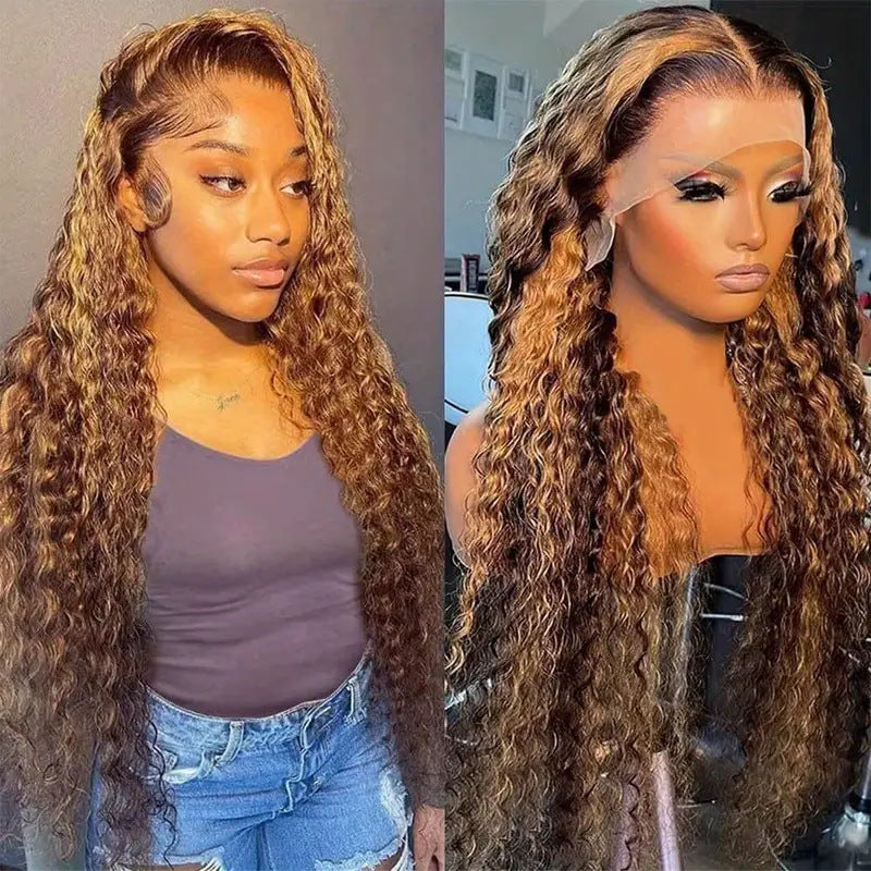 Peruca Lace Wigs 13x4 HD Transparente com Ondas de Água e Mechas Loiro Mel com Ondas de Água