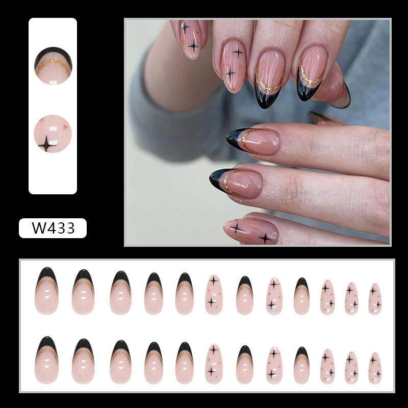 Unhas postiças francesas pretas, delicadas e modernas, com efeito amêndoa e pó dourado, estilo europeu e americano, removíveis.