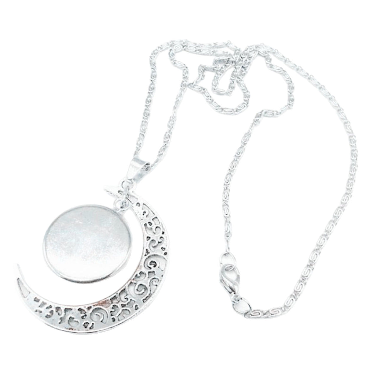 Colar feminino com pingente luminoso de lua prateada, símbolo do zodíaco.