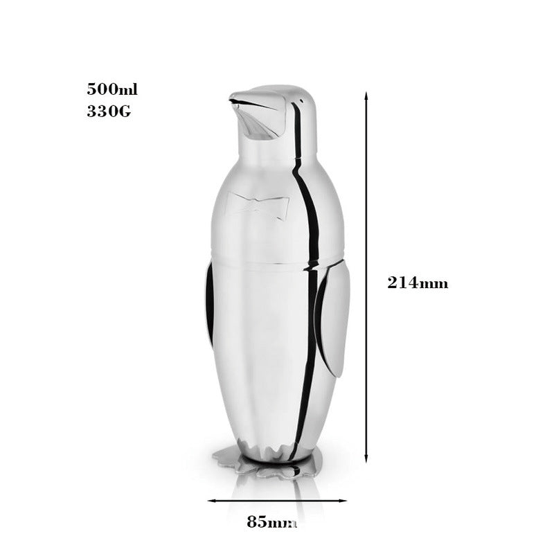 Coqueteleira profissional em aço inoxidável com copo em formato de pinguim.