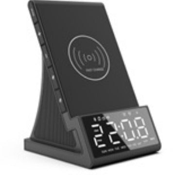 Carregador sem fio três em um, alto-falante Bluetooth, despertador com carregamento sem fio e suporte para celular.