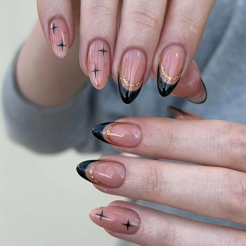 Unhas postiças francesas pretas, delicadas e modernas, com efeito amêndoa e pó dourado, estilo europeu e americano, removíveis.