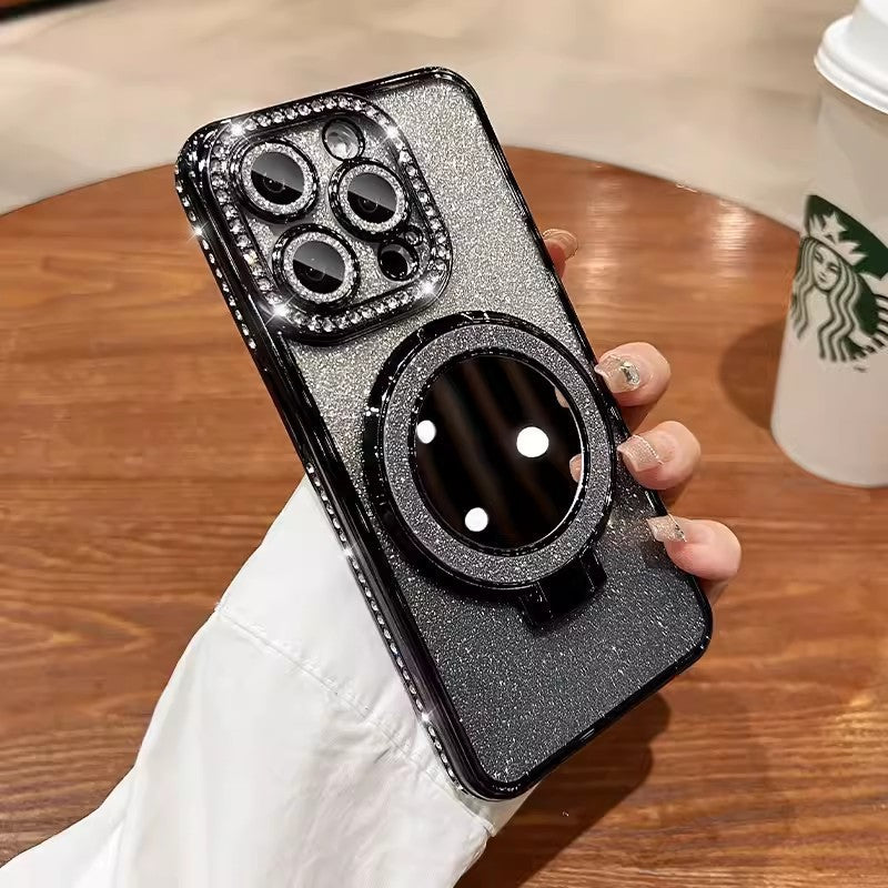 Suporte para espelho de maquiagem 16E, compatível com capa para iPhone 16 Pro, com borda magnética brilhante e detalhes em diamante, e capa protetora para Apple 15.