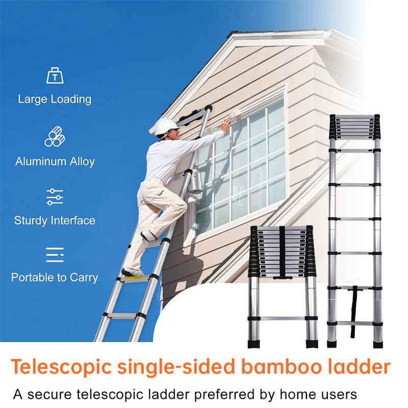 Escada telescópica reforçada em aço inoxidável, 2,6-6,3 m (8,5-20,7 pés), capacidade de carga de 150 kg (330 lb), trava antiderrapante, ideal para casa, trailers, sótãos e decoração de ambientes.