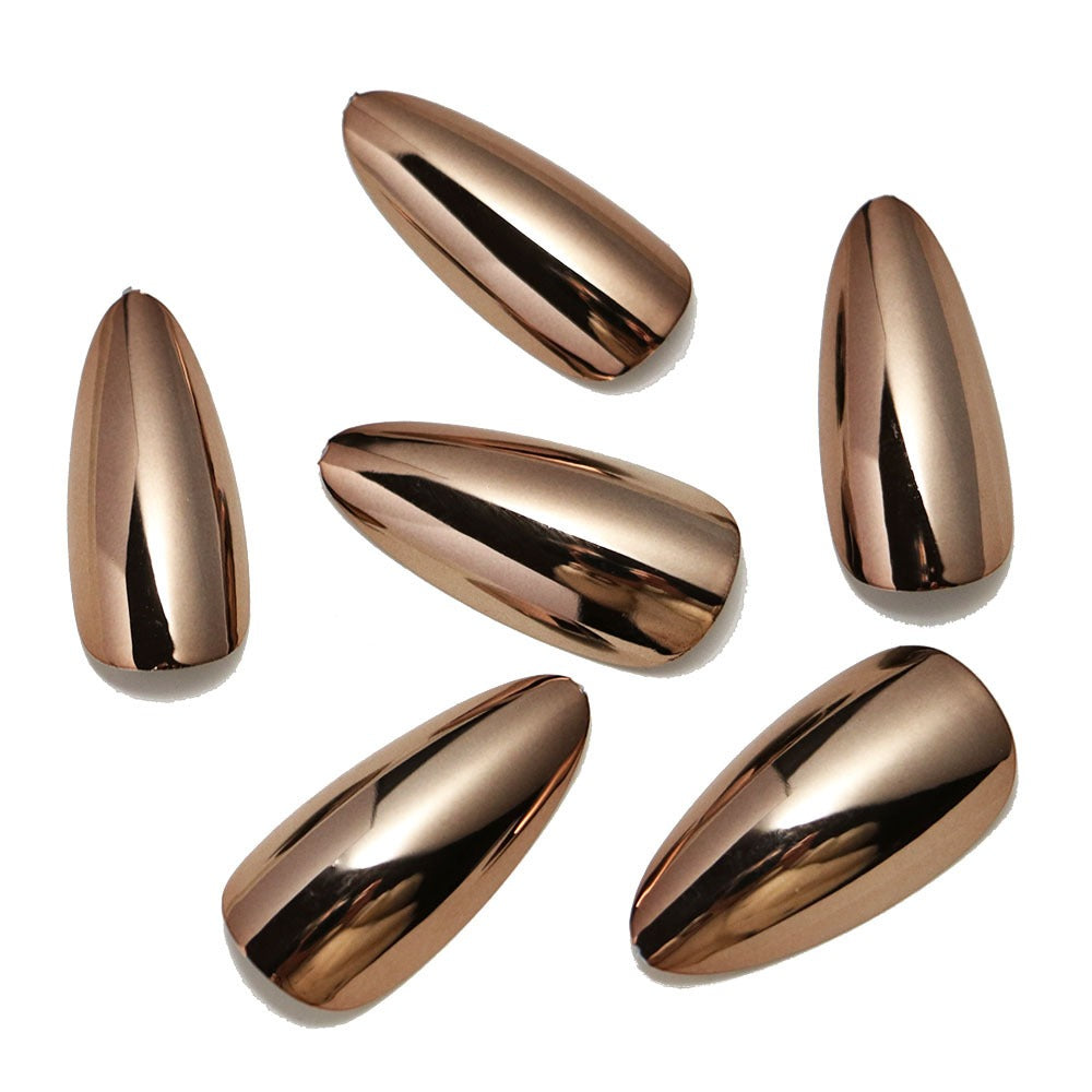 Unhas postiças removíveis estilo europeu e americano com acabamento eletroplástico bronze para manicure.