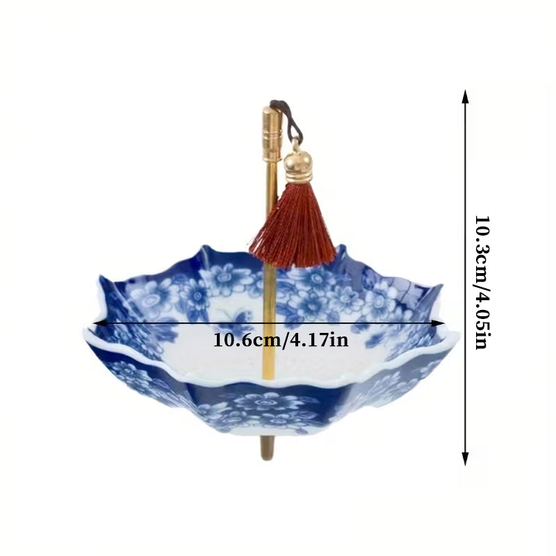 Infusor de chá em porcelana azul e branca em formato de guarda-chuva com borla – Filtro de chá de cerâmica estilo chinês