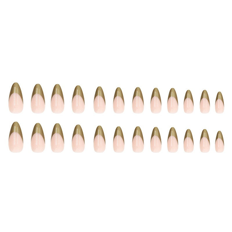 Unhas postiças francesas douradas peroladas em formato de amêndoa, peças especiais para unhas, atacado, acabamento moderno.