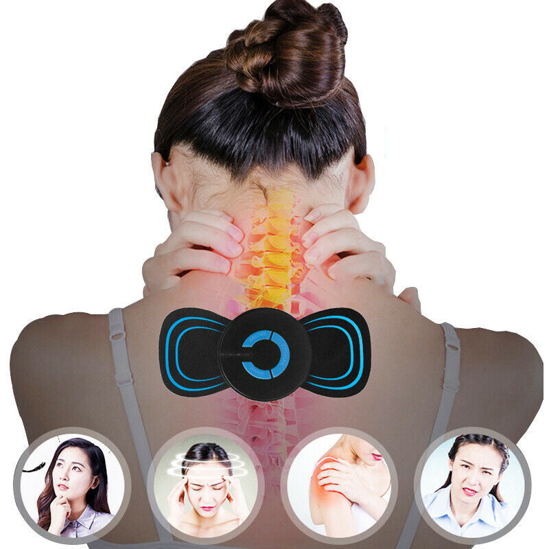 Mini massageador elétrico portátil para pescoço, ombros e costas, com adesivo vibratório para fisioterapia.