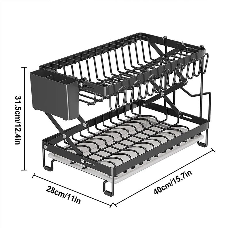 Escorredor de pratos dobrável de 2 camadas para cozinha, prateleira de bancada com grande capacidade para secar tigelas e talheres.
