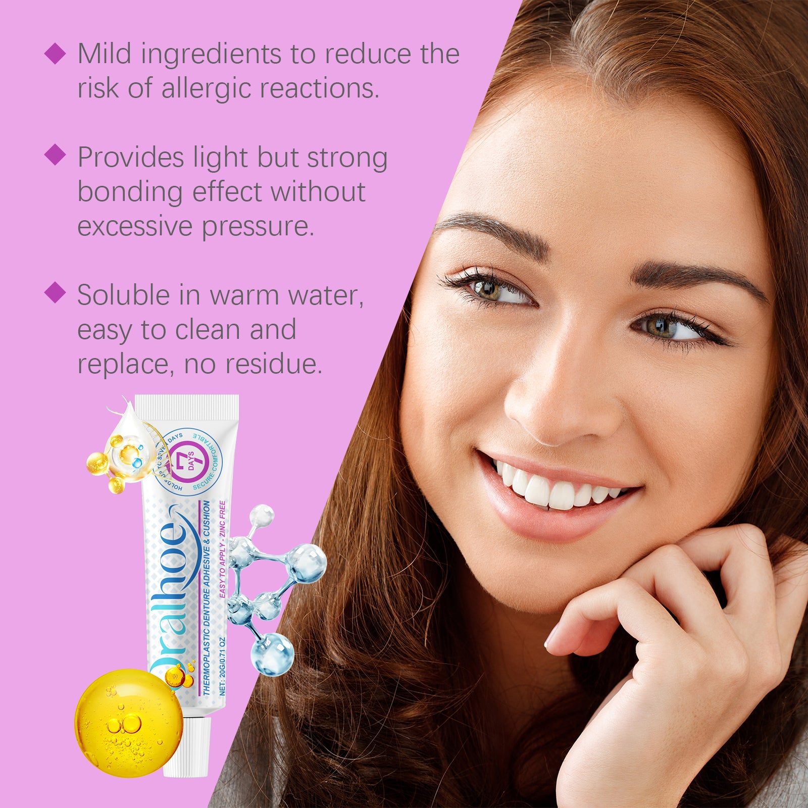 Adesivo termoplástico para dentaduras: mantém a dentadura no lugar, proporcionando maior conforto.