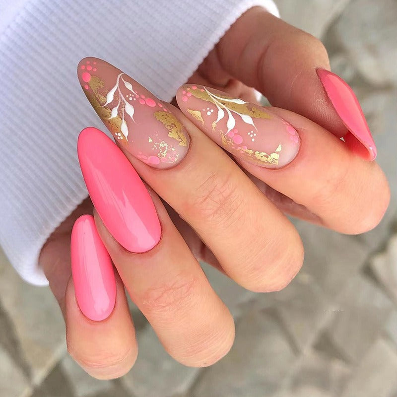 Unhas postiças para manicure, unhas rosa, adesivos de unhas com tinta de bolinhas e folha de ouro, adesivos de unhas com flores brancas, unhas removíveis.
