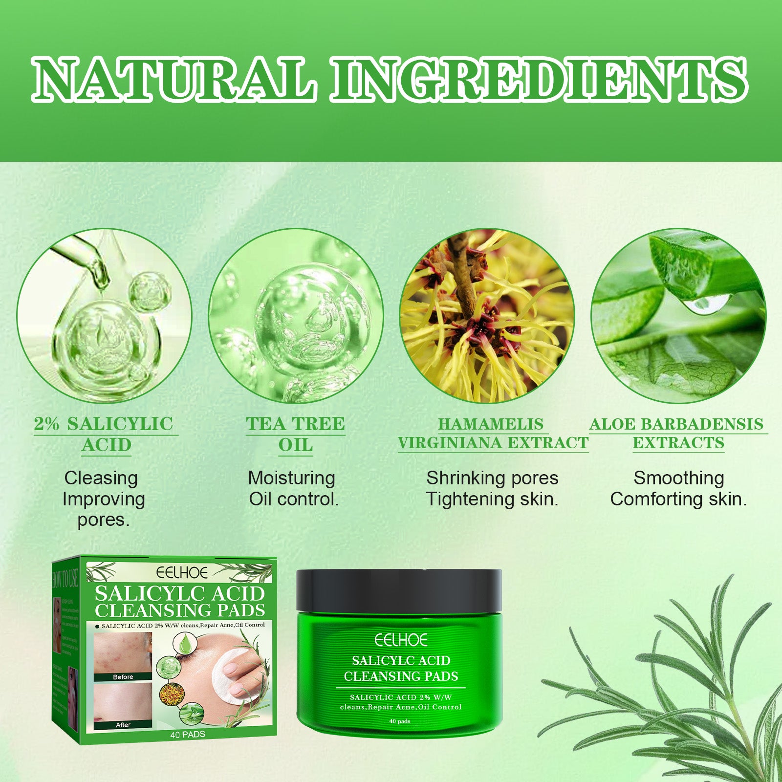 Ácido salicílico para limpeza profunda, controle da oleosidade, remoção de cravos e espinhas, limpeza suave e reparação muscular da acne.