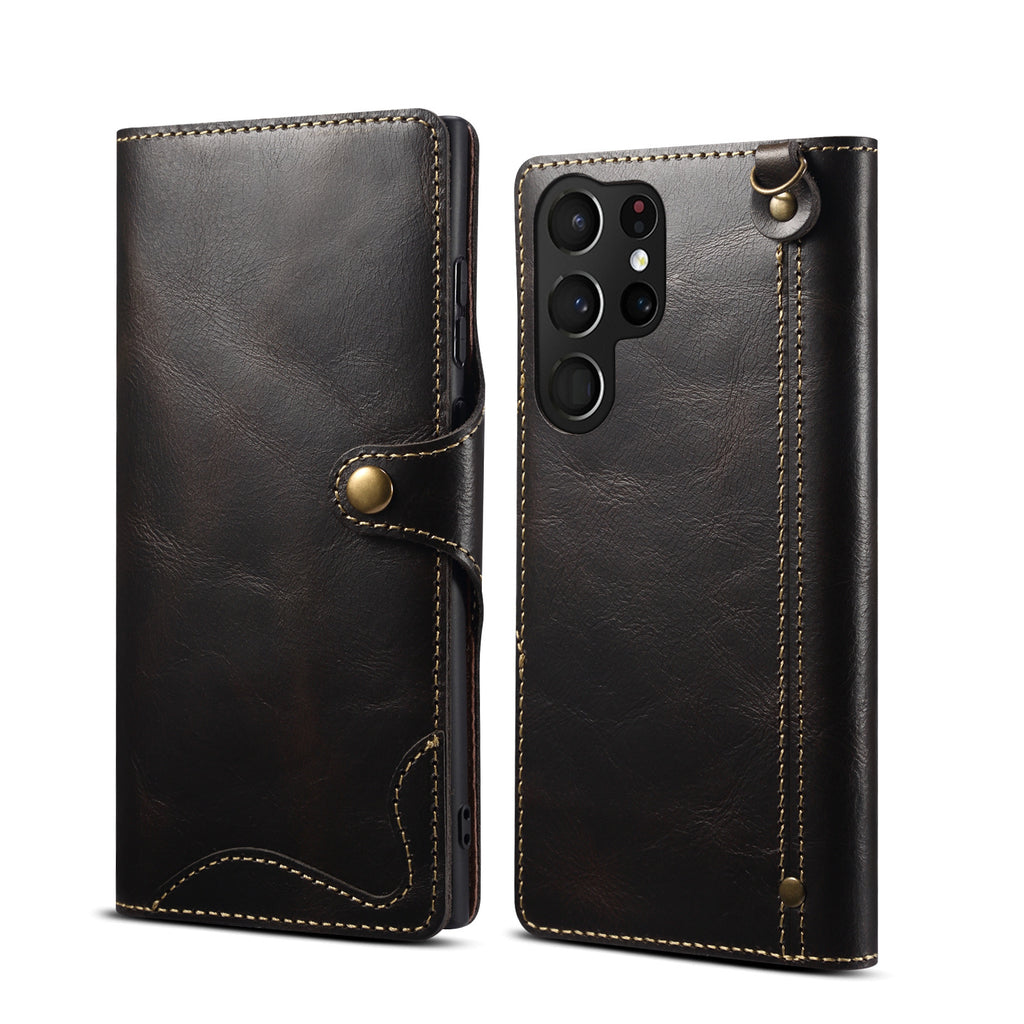 Capa retrô de couro para Samsung S22, S24 Ultra, capa flip para celular S10+, capa de couro com compartimento para cartão e cordão de transporte.