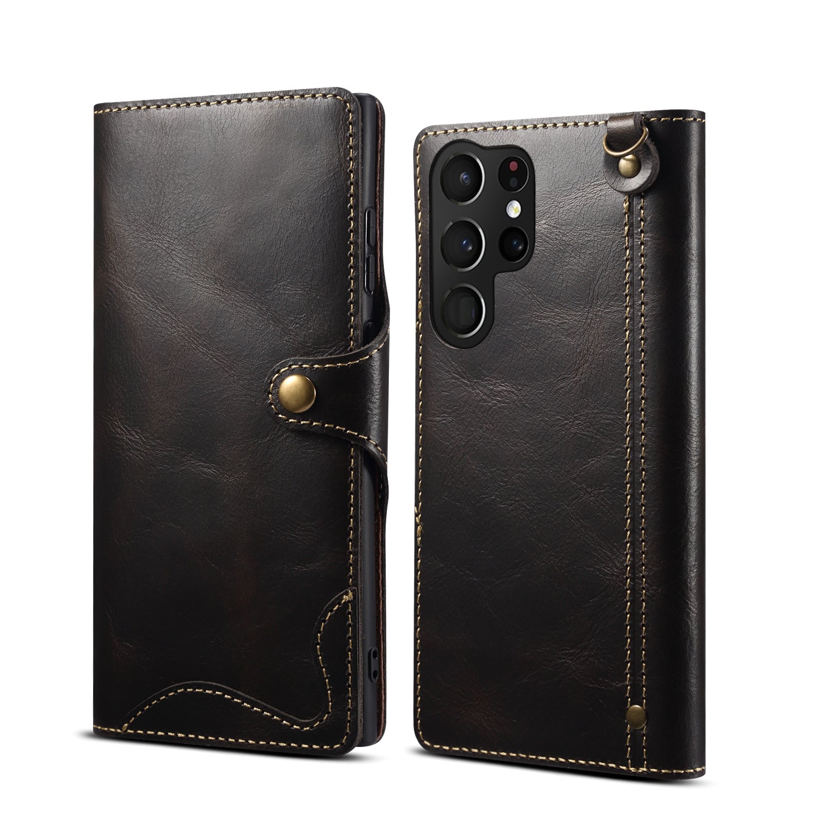 Capa retrô de couro para Samsung S22, S24 Ultra, capa flip para celular S10+, capa de couro com compartimento para cartão e cordão de transporte.