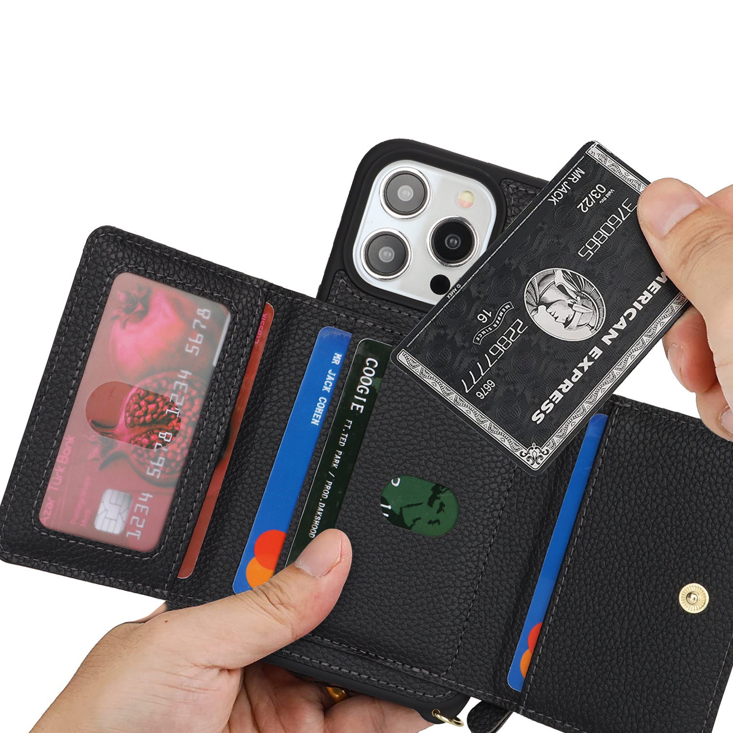 Capa protetora multifuncional com zíper, porta-moedas e compartimento diagonal para iPhone 17 e 14 Pro.