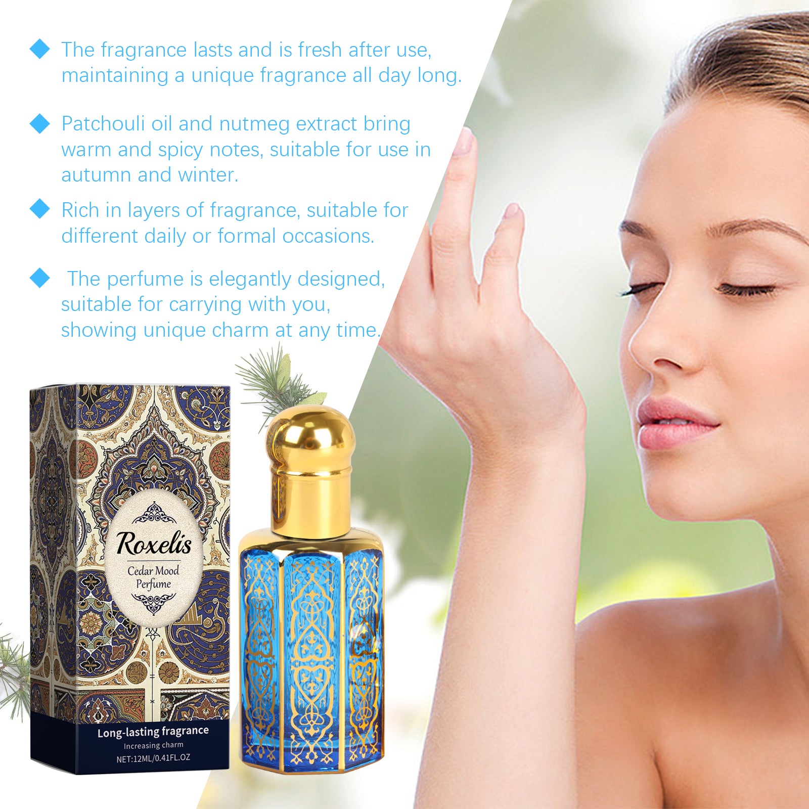 Roxelis Cedar Arabian Fragrance: Com fragrância suave e duradoura, exala um charme delicado e é um perfume portátil perfeito para encontros românticos.