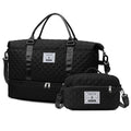 Bolsa esportiva xadrez com separação para itens secos e molhados, ideal para ioga e fitness, com amplo compartimento para sapatos e perfeita para viagens.