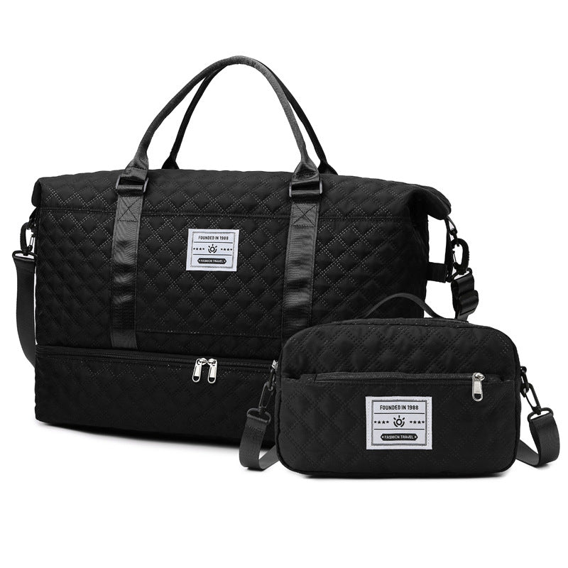 Bolsa esportiva xadrez com separação para itens secos e molhados, ideal para ioga e fitness, com amplo compartimento para sapatos e perfeita para viagens.